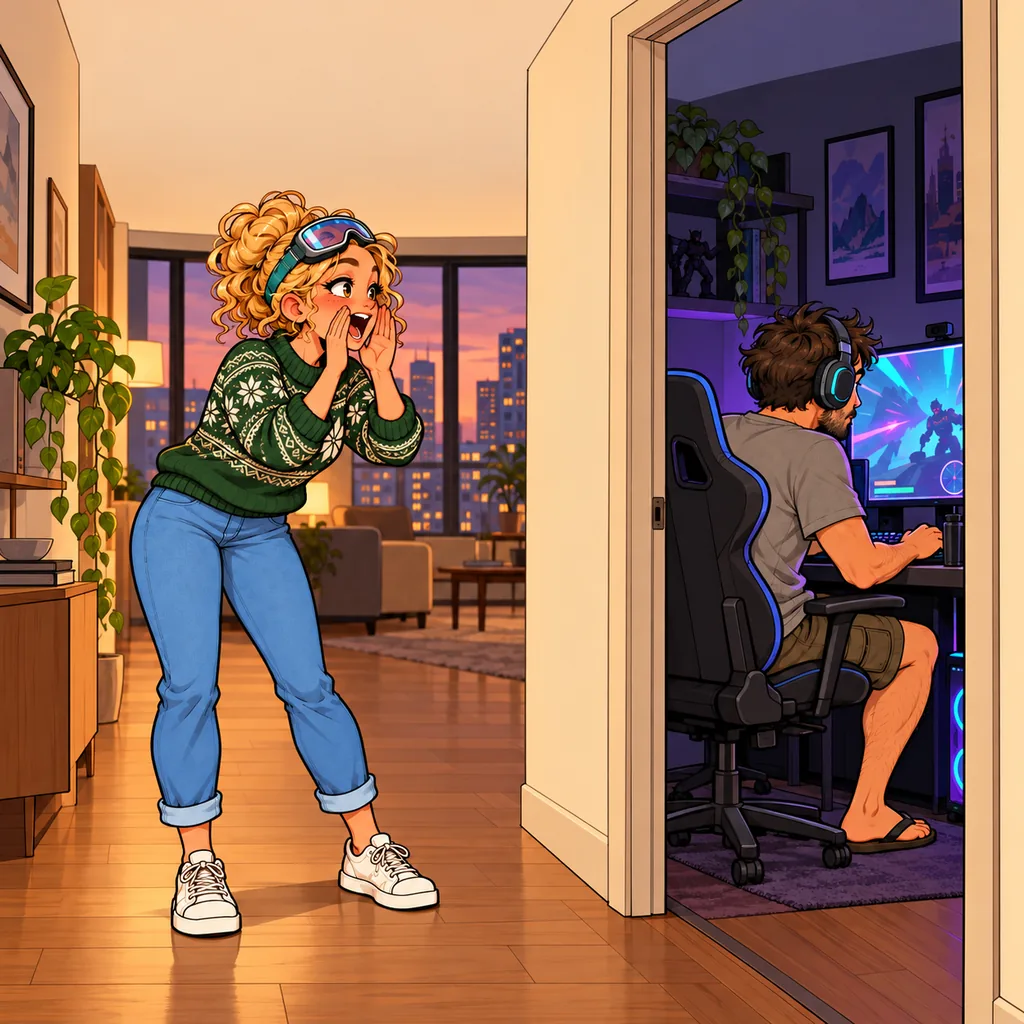 Panel 1 of 2. Mom shouts: "DINNER!" Dad says: "I can't pause, it's ONLINE!"