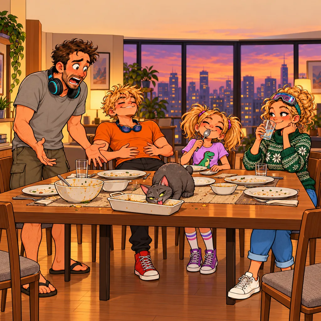 Panel 2 of 2. Mom says: "Dinner was online. Couldn't pause."