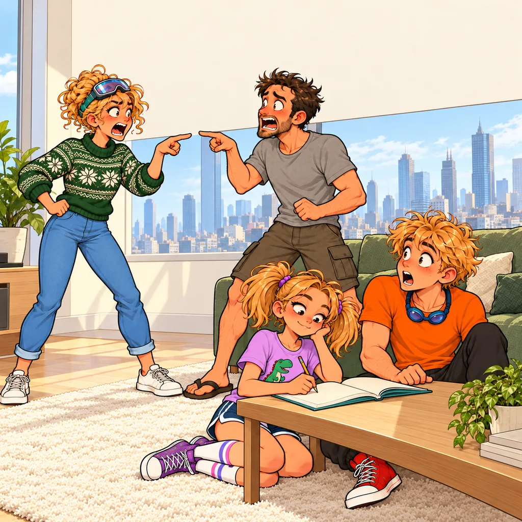 Panel 4 of 4. Mom says: "Dad will h-" Dad says: "Mom will h-" Pip says: "They're deadlocked. Give it here."