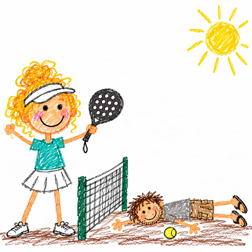 Panel 1 of 4. Caption: This is my mom. She plays padel. Dad is not allowed to win.