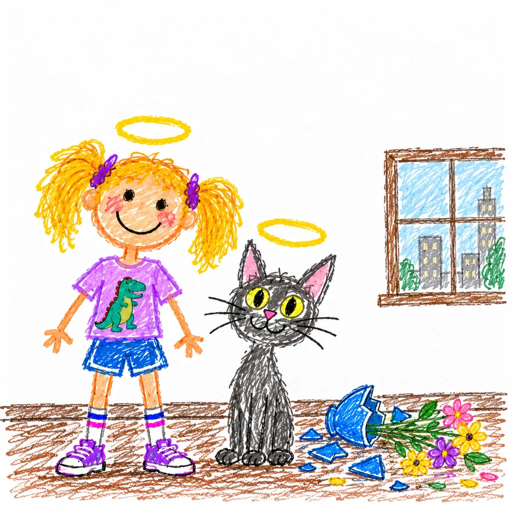 Panel 4 of 4. Caption: This is me and Meatball. We are the good ones. The vase was like that.