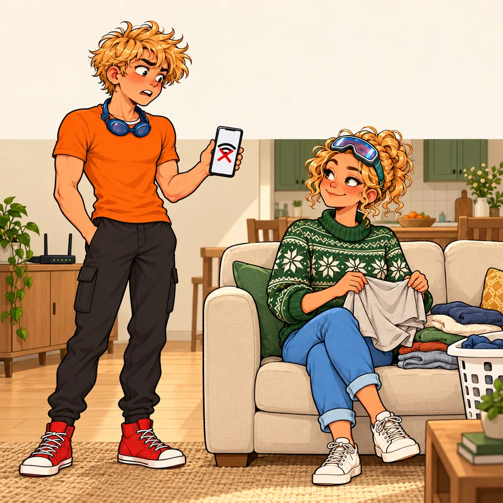 Panel 1 of 3. Oz says: "What's the new WiFi password?" Mom says: ""washthedishes." All lowercase."