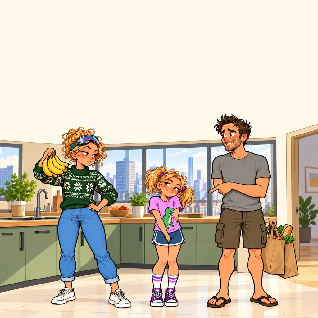 Panel 2 of 4. Mom says: "Greg. Wrong bananas. Again." Dad says: "Pip picked them."