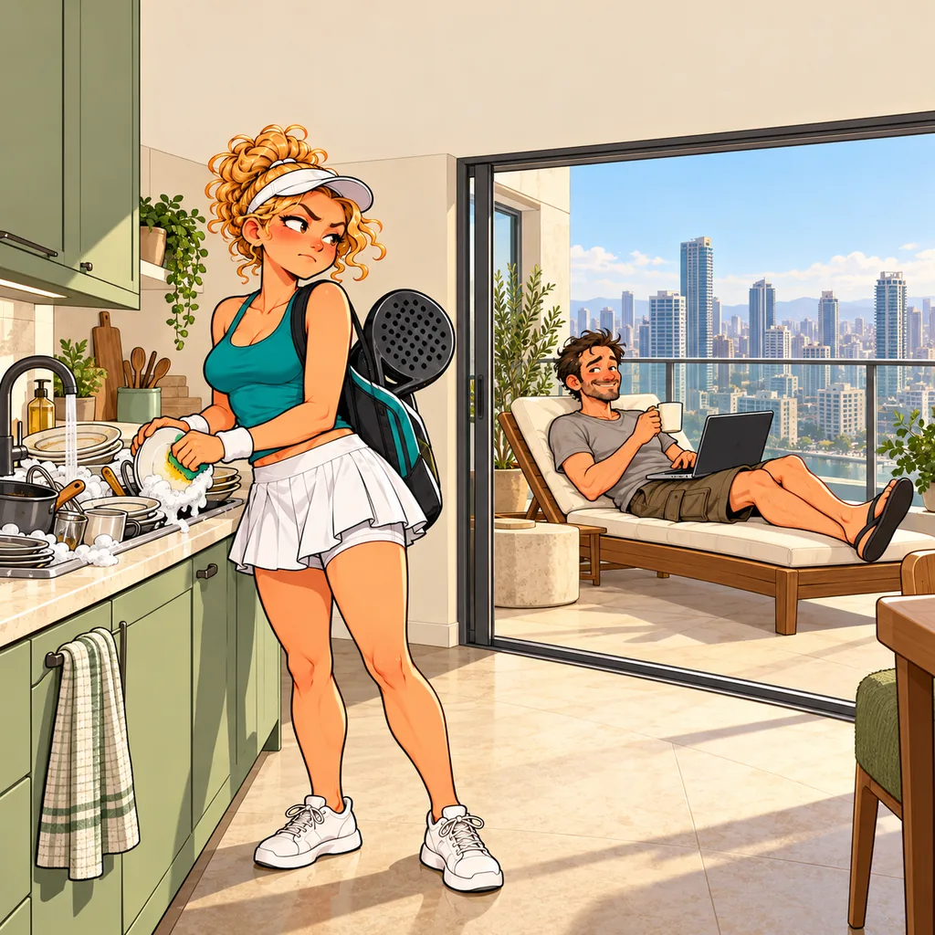Panel 1 of 4. Mom says: "Greg. Dishes." Dad says: "After lunch."