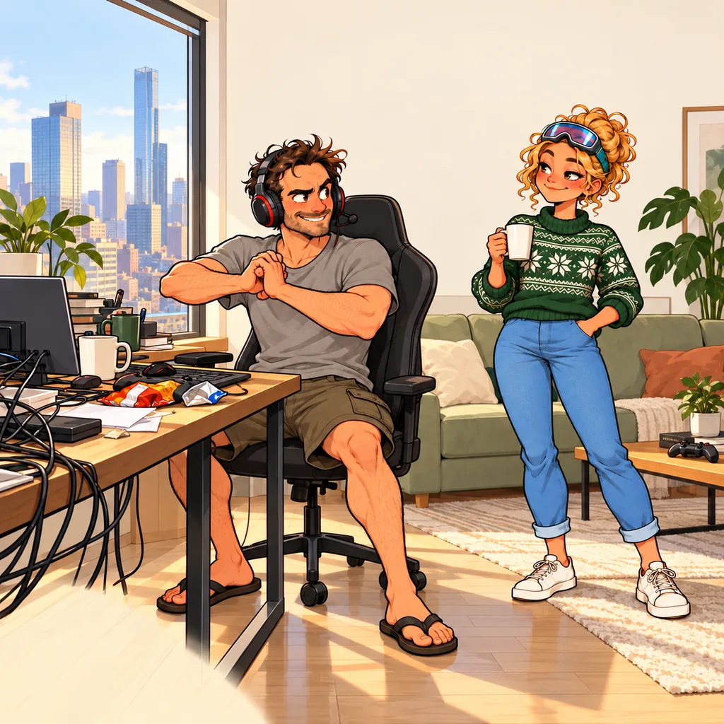 Panel 1 of 4. Mom says: "Desk. Clean. Ten minutes." Dad says: "Speedrun. Timer starts... now."