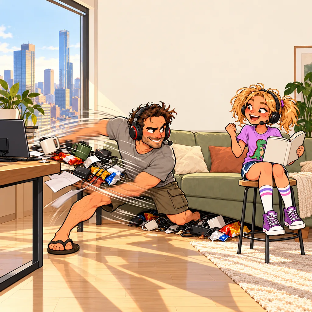 Panel 2 of 4. Pip says: "He's going for the under-the-couch skip!"
