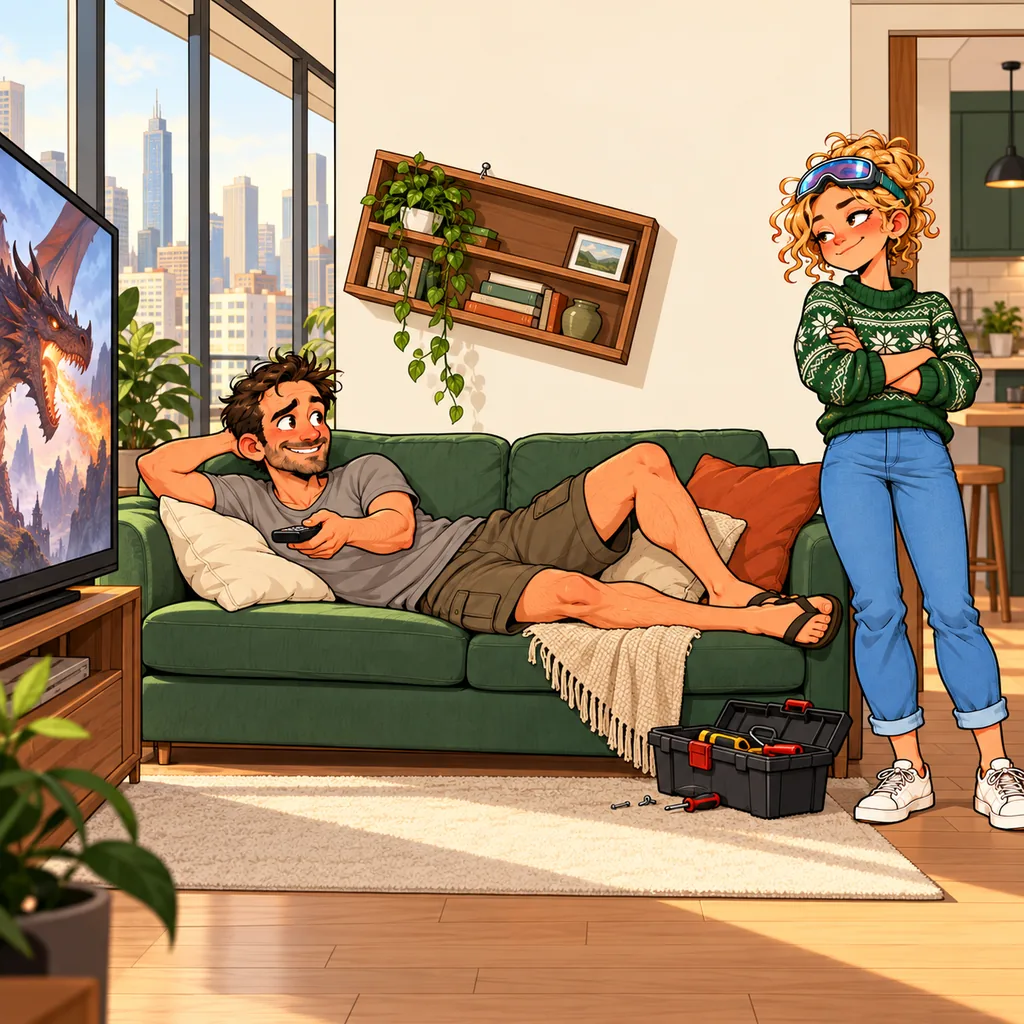 Panel 1 of 4. Mom says: "Fix the shelf." Dad says: "After this episode."