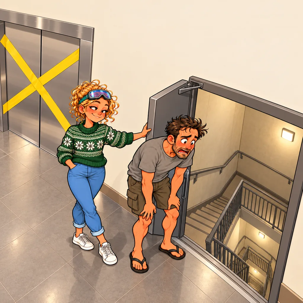 Panel 4 of 4. Caption: Floor 25. Mom says: "Elevator's broken. Down and up. Twice a day."