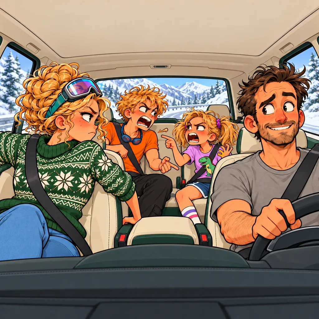 Panel 1 of 4. Mom says: "One more word and your father turns this car around."