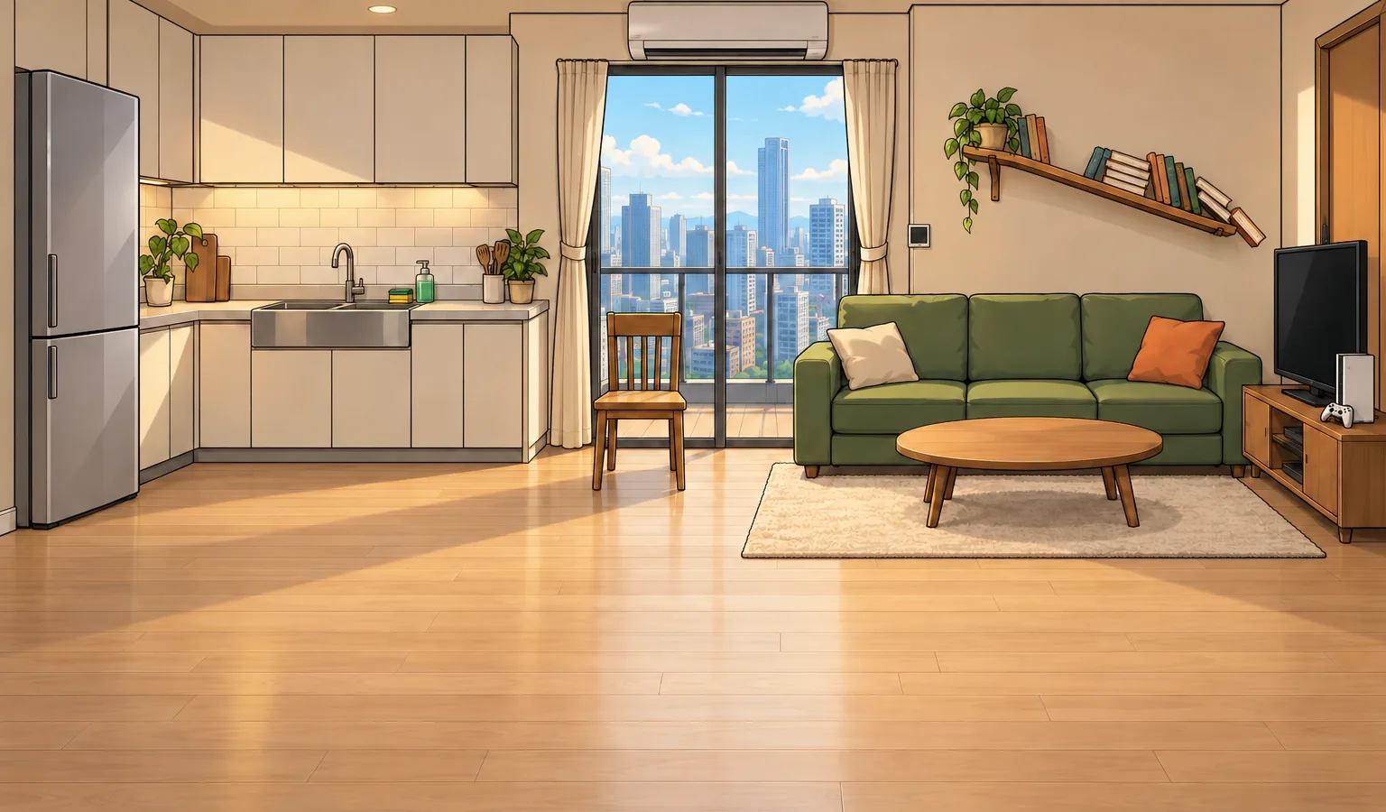 An open kitchen and living room. Mom stands at the sink. Dad sits on the sofa.